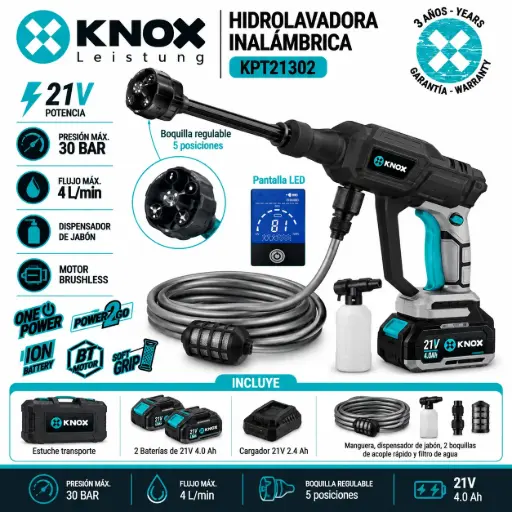 [KPT21400] Hidrolavadora Inalambrica Brushless 21v - 500 Psi - 5.3 L/Min Knox