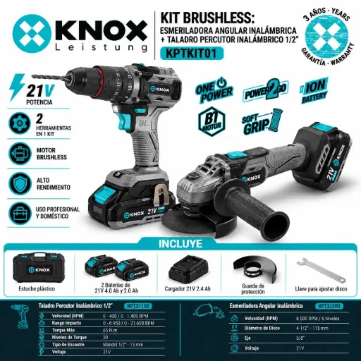 [KPTKIT01] Kit Brushless: Pulidora Angular Inalambrica 21v – 8500 Knox